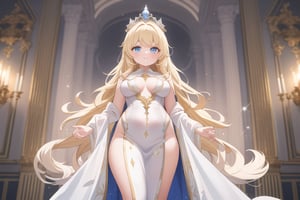 A majestic princess stands tall in a grand throne room, bathed in warm, soft lighting that accentuates her porcelain complexion and striking features. Her long blond hair flows down like golden waves, framing her regal face and piercing blue eyes that seem to sparkle with mischief. She wears a flowing white gown that swirls, emphasizing the curves of her figure and delicate facial features as she poses imperiously against an ornate backdrop, adorned by a crown that crowns her beauty.