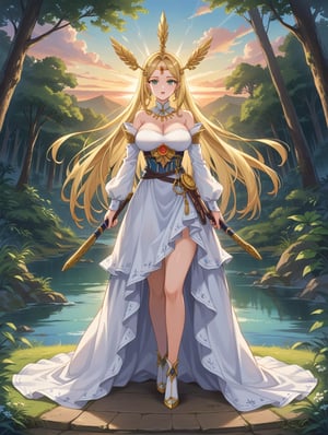 (masterpiece), (best quality),(ultra-detailed),(illustration),(extremely detailed),(perfect anatomy),(super detailed skin). A striking illustration of a wild wolf, its eyes locked on a beautiful, curvy woman who exudes confidence and allure. The woman, wearing a flowing white dress, stands tall and unperturbed, her body language asserting dominance over the wolf. The background is a lush forest, with a golden sunset casting warm hues over the scene. The illustration captures a powerful dynamic between the wild and the captivating, with an intriguing twist on the traditional hunter-prey dynamic., illustration