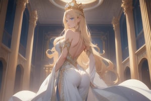 A majestic queen stands tall in a grand throne room, bathed in warm, soft lighting that accentuates her porcelain complexion and striking features. Her long blond hair flows down her back like golden waves, framing her regal face and piercing blue eyes that seem to sparkle with mischief. She wears a flowing white gown that swirls behind her, emphasizing the curves of her figure and delicate facial features as she poses imperiously against an ornate backdrop, adorned by a crown that crowns her beauty.