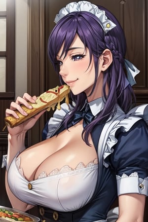 purple hair,masterpiece, best,NonoharaMikako, gigantic_breast, maid, milf, mature woman,  soft expression, smile, small nose, eating, food