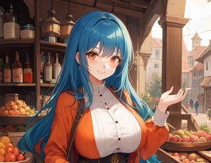 brown_eyes,electric_blue_hair, medieval clothes, orange clothes, 1_girl, merchant, long hair, big_breasts, smile
