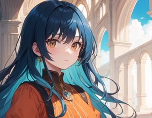 brown_eyes,electric_blue_hair, medieval clothes, orange clothes, 1_girl
