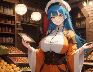 brown_eyes,electric_blue_hair, medieval clothes, orange clothes, 1_girl, merchant, long hair, big_breasts, smile
