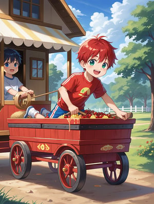 Young boy, (1 Kid) pulling wagon, full of GAINT Red Cherries. Young boy, (happy go lucky) having fun big smile on his face pulling the wagon. The wagon is full of red cherries the size of bowling balls. Oil painting, trending on artstation, featured on deviantart