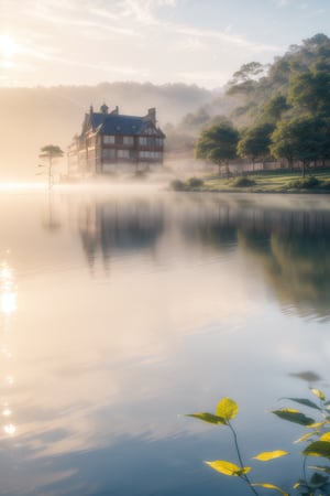 A tranquil dawn scene unfolds: a majestic lake's glassy surface reflects the charming building's façade, its large window aglow with warm sunlight casting a comforting ambiance. Ferns with delicate leaves softly sway beside the water's edge, set against rolling hills and a brilliant blue sky, providing a serene backdrop as morning mist rises.