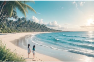 A serene coastal scene captures the warmth of a sunny day, with the cerulean sky reflecting perfectly onto the gentle lapping waves against the sandy shore. The vast expanse of the ocean stretches out to meet the horizon, its turquoise depths glistening in the bright light. Traditional media brushstrokes bring texture and depth to the lush greenery and beach grasses, as the soothing water's edge invites contemplation.