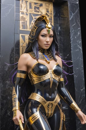 Masterpiece sculpture of Psylocke in a futuristic reinterpretation, avant-Egyptian, The Monumental god figure is immensely complex and futuristic. Sculpted in black granite with an ultra smooth finish and gold inlays, modular, sacred hieroglyphs. Dark background with projected dim Egyptian symbology made of light. Grand and sober. Portrait shot, center focus, laser-cut, hyper-detail, Sci-fy, futuristic-avant-Egyptian. --no mockup, bad anatomy, text, signature, watermark, username, low resolution, worst quality, low quality, jpeg artefacts, blurry, cropped, badly framed