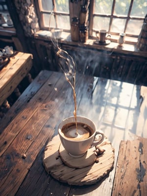 A serene morning scene at a cozy coffee shop: A handsome barista's hands move with precision, pouring freshly ground coffee into a middle cup, releasing the enticing aroma of roasted goodness as morning light pours in through large windows, bathing the steam rising from the cup on a rustic wooden table in a warm golden glow. The camera frames the action from above, capturing the gentle pour and the wispy tendrils of steam as they dance in the soft light.