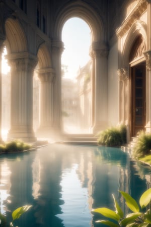 A tranquil dawn scene unfolds: a majestic lake's glassy surface reflects the charming building's façade, its large window aglow with warm sunlight casting a comforting ambiance. Ferns with delicate leaves softly sway beside the water's edge, set against rolling hills and a brilliant blue sky, providing a serene backdrop as morning mist rises.