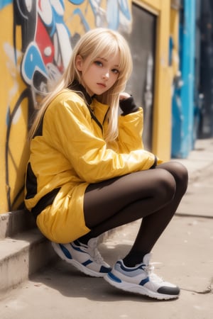 A close-up shot of a blonde-haired girl gazing directly into the camera lens. Her long locks cascade down her back like a golden waterfall. She wears long sleeves and high-cut shorts with bold black thigh-highs, adding a touch of edginess to her cosplay outfit. The yellow jacket provides a pop of color against the city's vibrant graffiti backdrop. In the foreground, sneakers sit atop the pavement, while in the background, a reference inset or photo inset adds an extra layer of depth and dimensionality to the scene.