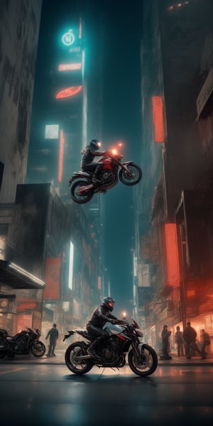 A cinematic masterpiece unfolds as a sleek, high-tech motorcycle, inspired by Hideo Kojima's vision, soars through a dystopian cityscape at dusk. Volumetric light and dynamic lighting create an immersive atmosphere, with intricate details and 64k ultra-high definition rendering every aspect in crystal clarity. Comic book panels come alive as the bike performs a gravity-defying stunt, its tires screeching against the pavement as it weaves through a maze of neon-lit skyscrapers. The action-packed shot is a symphony of movement, texture, and light, a true work of art that redefines the boundaries of visual storytelling.