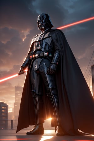 Here's a prompt for an image:

In this hauntingly lit cityscape, Darth Vader stands sentinel at dusk, his black armor and helmet absorbing the last rays of sunlight. The LED-lit skyscraper facade casts an otherworldly glow on his masked face, as if amplifying his dark power. Power lines radiate from him like tentacles, exuding an aura of dominance. In the distance, smoke-shrouded buildings stretch towards the horizon, mirroring Vader's imposing presence amidst the city's dark, futuristic landscape.