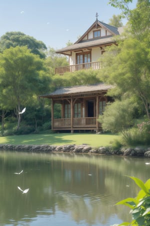 A serene outdoor scene: a tranquil body of water stretches out towards a picturesque backdrop of a charming building with a large window. A lush green plant grows alongside the water's edge, its leaves gently swaying in the breeze. The surrounding scenery is idyllic, with rolling hills and a clear blue sky.