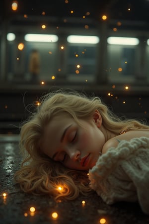 Flickering sequins illuminate the dimly lit metro platform as xxmix_girl's fairy form slumbers peacefully, surrounded by a swarm of dancing fireflies. The warm glow of the twinkling lights casts an ethereal ambiance, highlighting the delicate features of the sleeping fairy. Soft, wispy strands of hair tickle her face, as she rests amidst the urban bustle, oblivious to the world around her.