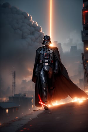 Here's a prompt for an image:

In this hauntingly lit cityscape, Darth Vader stands sentinel at dusk, his black armor and helmet absorbing the last rays of sunlight. The LED-lit skyscraper facade casts an otherworldly glow on his masked face, as if amplifying his dark power. Power lines radiate from him like tentacles, exuding an aura of dominance. In the distance, smoke-shrouded buildings stretch towards the horizon, mirroring Vader's imposing presence amidst the city's dark, futuristic landscape.