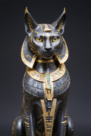 Masterpiece sculpture of Bastet "cat goddess" in a futuristic reinterpretation, avant-Egyptian, The Monumental god figure is immensely complex and futuristic. Sculpted in black granite with an ultra smooth finish and gold inlays, modular, sacred hieroglyphs. Dark background with projected dim Egyptian symbology made of light. Grand and sober. Portrait shot, center focus, laser-cut, hyper-detail, Sci-fy, futuristic-avant-Egyptian. --no mockup, bad anatomy, text, signature, watermark, username, low resolution, worst quality, low quality, jpeg artefacts, blurry, cropped, badly framed