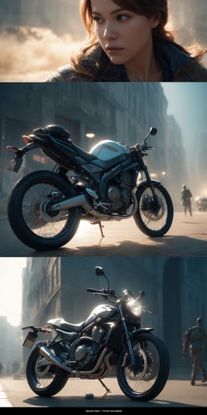 A cinematic masterpiece unfolds: a dynamic, action-packed shot showcasing a bike, rendered in meticulous 64k ultra-high definition. Volumetric light and intricate details evoke the style of Travis Charest and Phil Noto's colored comic book panels. In the realm of Hideo Kojima, this image must defy convention, boasting complex structure and high randomness. The result is an unparalleled work of art, a true masterpiece that redefines the boundaries of visual storytelling.