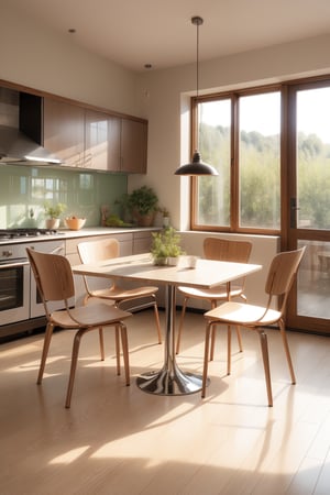 In this peaceful scene, a large window fills the frame, showcasing a tranquil landscape outside, with soft hues of greenery and sky blending together. A single chair and table sit vacant in the center of the room, echoing the emptiness. The doorway leads to a kitchen with a stainless steel sink under a warm glow from the ceiling light, creating a cozy ambiance.