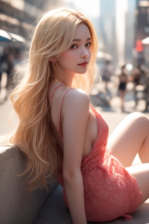 A young woman's vibrant blonde locks flow like golden honey down her back as she reclines on the city streets, surrounded by towering skyscrapers. Her relaxed expression, framed by loose strands, is softened by a bottle cradled in one hand. Warm sunlight casts a hazy glow over the scene, capturing her carefree gaze taking in the urban landscape. Blurred lines of concrete and steel structures create a gritty yet charming backdrop for her tranquil pose.