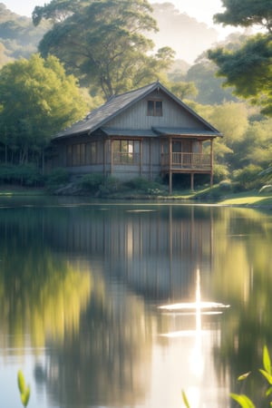 A serene dawn scene: framing the tranquil lake's calm surface is the picturesque façade of the charming building with its large window, bathed in warm sunlight casting a comforting glow. The lush green fern grows alongside the water's edge, delicate leaves softly swaying in the morning breeze against rolling hills and a brilliant blue sky, providing a serene backdrop.