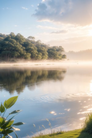 A tranquil dawn scene unfolds: a majestic lake's glassy surface reflects the charming building's façade, its large window aglow with warm sunlight casting a comforting ambiance. Ferns with delicate leaves softly sway beside the water's edge, set against rolling hills and a brilliant blue sky, providing a serene backdrop as morning mist rises.