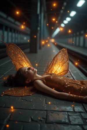 Flickering flames of sequined fabrics dance across the dimly lit metro platform, casting a mesmerizing glow on the worn concrete floor. A fairy girl lies peacefully amidst the gentle hum of trains, her delicate features illuminated by the soft glow of fireflies hovering above like tiny lanterns. The warm light casts an ethereal ambiance, as if the very essence of magic has descended upon the urban landscape, weaving a spell of enchantment around the fairy's serene form.