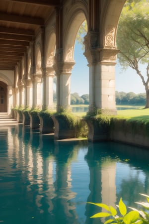 A gentle dawn scene: the tranquil lake's calm surface reflects the picturesque façade of the charming building with its large window, where warm sunlight casts a comforting glow. A lush green fern grows alongside the water's edge, its delicate leaves softly swaying in the morning breeze as rolling hills and a brilliant blue sky provide a serene backdrop.