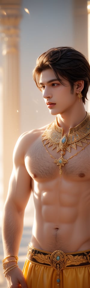 A majestic solo figure stands out against a warm, golden sandy backdrop, bathed in soft, Egyptian-inspired lighting. The subject, a young male with a strong jawline and piercing yellow eyes, sports intricate jackal ear accessories and adorns himself with gleaming jewelry. His upper body is draped in ornate, Egyptian-style attire, complete with an ankh pendant around his neck. The overall composition exudes regality, as if this mystical creature is ready to take on the gods.