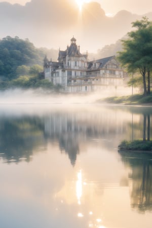 A tranquil dawn scene unfolds: a majestic lake's glassy surface reflects the charming building's façade, its large window aglow with warm sunlight casting a comforting ambiance. Ferns with delicate leaves softly sway beside the water's edge, set against rolling hills and a brilliant blue sky, providing a serene backdrop as morning mist rises.