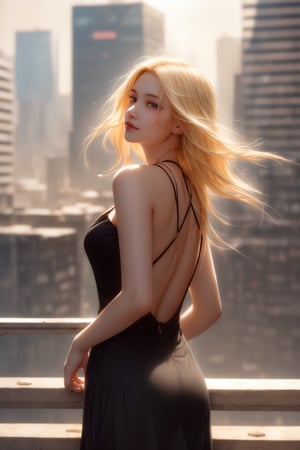 A young woman with vibrant blonde hair cascading down her back like a golden waterfall reclines on her back amidst the concrete jungle's urban landscape, surrounded by towering skyscrapers' imposing facades. Her relaxed expression, framed by slightly disheveled locks, is juxtaposed against the serenity of her gaze as she cradles a bottle in one hand, seemingly forgotten. Warm sunlight bathes the scene in a hazy, blurry atmosphere, capturing the carefree moment as her eyes drink in the cityscape's gritty yet charming backdrop of blurred concrete and steel structures.