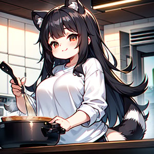 super cute racoon, wearing a white tshirt and cooking. long black hair, chubby
