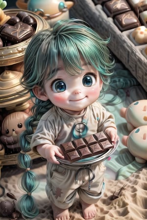photorealistic, 1boy, sand skin:2.0, aqua hair, curly long hair with braids, eyes, smile,  standing, Mameluke, eating chocolate, space ship, upper body,baby face,perfecteyes,