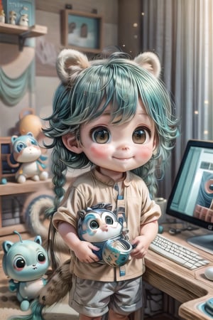 photorealistic, 1boy, sand skin:2.0, aqua hair, curly long hair with braids, racoon ears and tail, big eyes, smile,  standing, Mameluke, drinking coffee, space ship, upper body,baby face,perfecteyes, with a big computer in the background