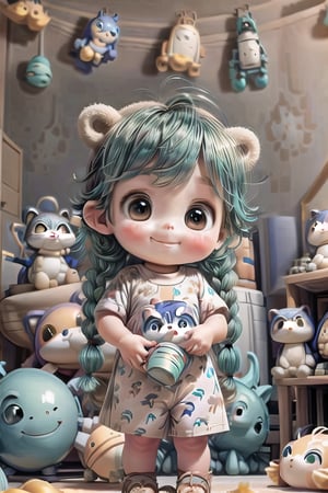 photorealistic, 1boy, sand skin:2.0, aqua hair, curly long hair with braids, racoon ears and tail, big eyes, smile,  standing, Mameluke, drinking coffee, space ship, upper body,baby face,perfecteyes, with a big computer in the background