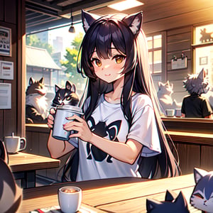 super cute racoon, wearing a tshirt and drinking coffee, long hair, some cats in the background.
