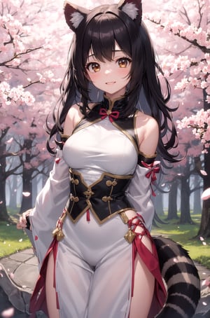 masterpiece, best quality, 1girl, brown eyes, long black hair, cherry blossoms, forest, racoon girl, detached sleeves, animal ears and tail, happy, arms behind back,
