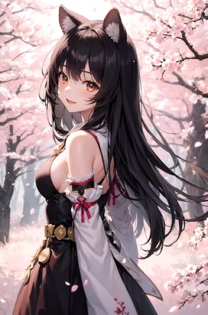 masterpiece, best quality, 1girl, brown eyes, long black hair, cherry blossoms, forest, racoon girl, detached sleeves, animal ears, happy, arms behind back,