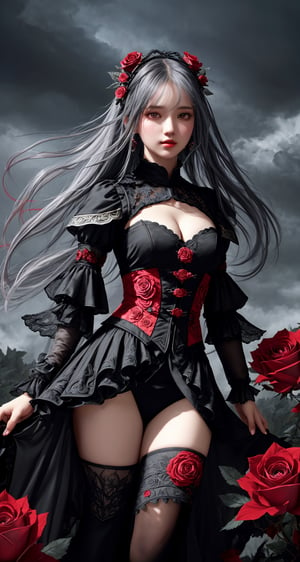 Fantasy, 1girl, (fractal clothes:1.4, intricated), black and red, roses, lightweight grey hair, extremely detailed, dynamic angle, full shot, elegant, rembrant color, romanticism, by roby dwi antono, atmospheric, ecstasy of wind, Masterpiece, best quality, delicate and beautiful, high-res CG illustration