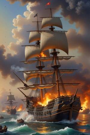 Oil of an epic naval battle between a pirate ship and a Spanish galleon, smoke, fire, art by AUGUSTO FERRER-DALMAU, cannons firing ,more detail XL,<lora:659095807385103906:1.0>