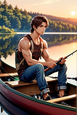  soft lighting, sketch, scenic background, wallpaper, wide view, outdoors, lake, reflections, sunset, male focus, ornate canoe, tanktop, jeans, (holding fishing pole:1.1), (fishing:1.1), muscular, sitting in canoe, shinjiro aragaki [persona], solo, focused calm expression, red eyes, toned, dark brown hair
