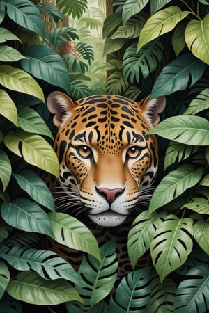 (Cinematic Photo:1.3) of (Ultra detailed:1.3) jaguar hiding behind the leaves in the rainforest, in the style of bloomsbury group, expressive character design, focus on joints/connections, leaf patterns, playful animation, shaped canvas, soft watercolours,Highly Detailed,<lora:659095807385103906:1.0>