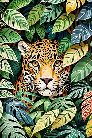 (Cinematic Photo:1.3) of (Ultra detailed:1.3) jaguar hiding behind the leaves in the rainforest, in the style of bloomsbury group, expressive character design, focus on joints/connections, leaf patterns, playful animation, shaped canvas, soft watercolours,Highly Detailed