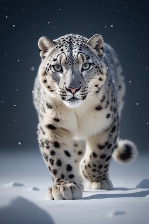 masterpiece,best quality, A majestic snow leopard strides gracefully across a pristine snowy landscape, its fur glistening in the soft moonlight. The scene is captured in a Cinematic Still-Shot, emphasizing the silent, powerful grace of the animal. The image is rendered in the style of a Digital Painting with hyperrealistic detail, including the intricate patterns of the leopard's fur and the sparkling snowflakes. The mood is serene and awe-inspiring, with a luminous aurora borealis illuminating the night sky in the background, adding a magical touch to the winter wonderland. center composition, symmetry composition,   Fine art photography style  NurLens
