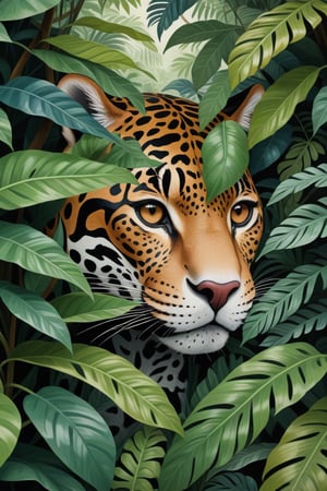 (Cinematic Photo:1.3) of (Ultra detailed:1.3) jaguar hiding behind the leaves in the rainforest, in the style of bloomsbury group, expressive character design, focus on joints/connections, leaf patterns, playful animation, shaped canvas, soft watercolours,Highly Detailed,<lora:659095807385103906:1.0>