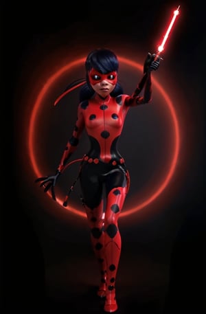 ultra wide angle, in focus, dark epic background, gorgeous lifelike, dynamic pose, ladybug mask, ladybug costume, two ponytails, red lightsaber, medium shot, hyper details, lighting art, cinematic, insane details, intricate details, hyperdetailed, goth, fractal, dark shot