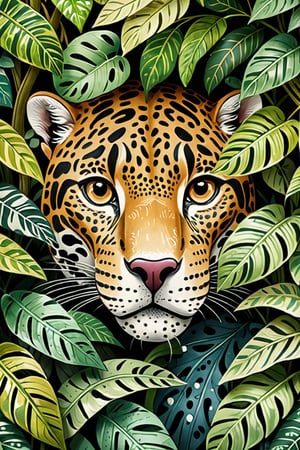 (Cinematic Photo:1.3) of (Ultra detailed:1.3) jaguar hiding behind the leaves in the rainforest, in the style of bloomsbury group, expressive character design, focus on joints/connections, leaf patterns, playful animation, shaped canvas, soft watercolours,Highly Detailed