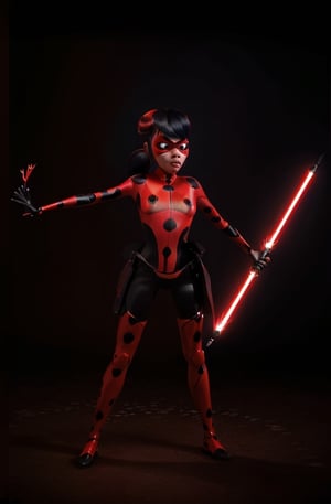 ultra wide angle, in focus, dark epic background, gorgeous lifelike, dynamic pose, ladybug mask, ladybug costume, two ponytails, red lightsaber, medium shot, hyper details, lighting art, cinematic, insane details, intricate details, hyperdetailed, goth, fractal, dark shot