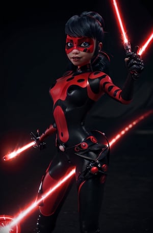 ultra wide angle, in focus, dark epic background, gorgeous lifelike, dynamic pose, ladybug mask, ladybug costume, two ponytails, red lightsaber, medium shot, hyper details, lighting art, cinematic, insane details, intricate details, hyperdetailed, goth, fractal, dark shot