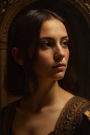 renaissaince style portrait, beautiful young woman . oil painting, Rembrandt lighting, dark and moody style,pp_v3,SD 1.5