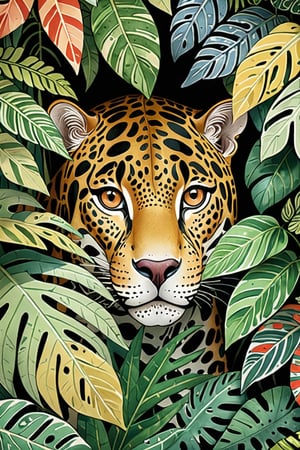 (Cinematic Photo:1.3) of (Ultra detailed:1.3) jaguar hiding behind the leaves in the rainforest, in the style of bloomsbury group, expressive character design, focus on joints/connections, leaf patterns, playful animation, shaped canvas, soft watercolours,Highly Detailed